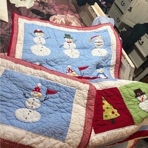 Pottery Barn Kids Snowman Holiday Quilt with Red and Blue with 4 shams.crib size